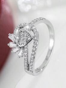 1 pieza Anillo de doble capa con corazón brillante y circonita cúbica micro-incrustada, adecuado para uso diario, citas y regalos - anillo - Ver 13