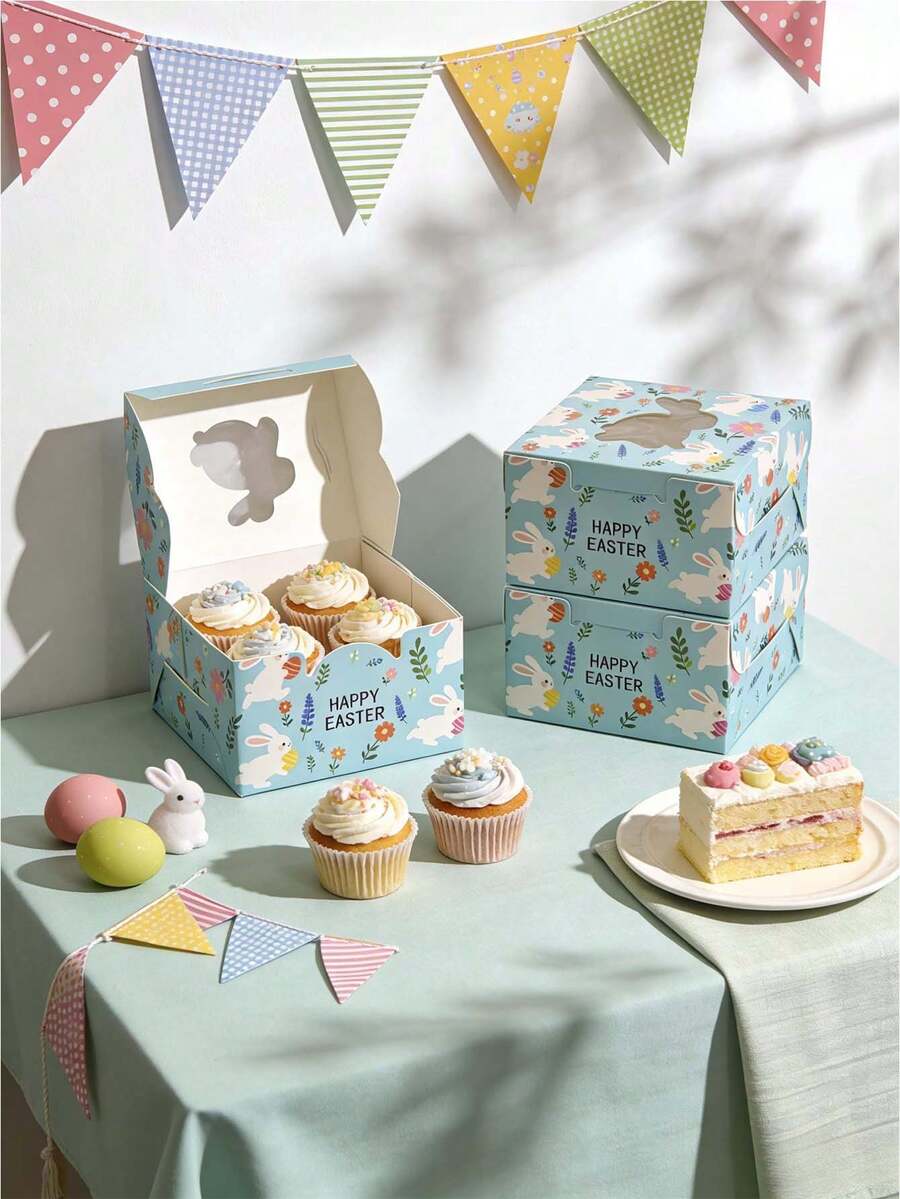 5 pièces/10 pièces Nouvelles boîtes à gâteau de Pâques, boîtes à gâteau de Pâques printanières créatives avec imprimé floral et œuf, avec fenêtre, boîtes d'emballage portables étanches pour pâtisseries, bonbons et boulangeries pour les fêtes - Voir 1