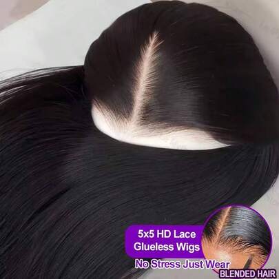 13x4英寸逼真高清无缝5*5全蕾丝前额假发，200%密度混合真人发，预修剪漂白发结直发假发，26英寸女士预修剪高清蕾丝前额假发带婴儿发