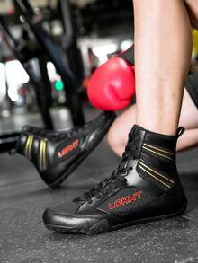 TACHUAN 1 Pair Men's High-Top Professional Boxing Shoes, Wrestling Training Boots, Muay Thai Kickboxing Shoes, Fitness Martial Arts Sneakers - Black and Yellow - View 3