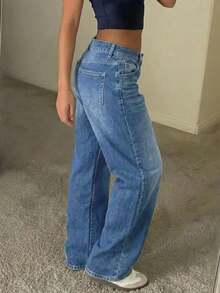 Women's Vintage Loose Stacked Straight Leg Jeans Spring Casual - Medium Wash - View 3