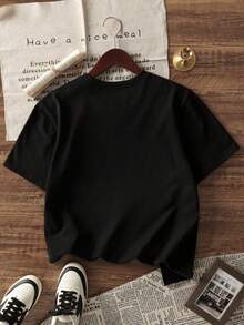 Camiseta de manga corta estampada para niños - suave, transpirable, camiseta de manga corta con cuello redondo, diseño de lata de soda vibrante, lavable a máquina, niños y niñas verano casual tops, tallas 110-150, camiseta de estampado de letras, moda divertida para niños, ropa cómoda para niños, camiseta de manga media para adolescentes - Negro - Ver 2