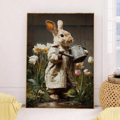 1幅帆布墙画，带框墙画，复古春季复活节兔子设计，柔和粉彩兔子乡村风墙画，复古兔子油画，乡村装饰，春季装饰，复活节装饰，现代春季家居装饰，房间装饰美学，宿舍装饰，卧室装饰，客厅装饰，浴室装饰，厨房装饰，餐厅装饰，公寓装饰，节日礼物，复活节海报