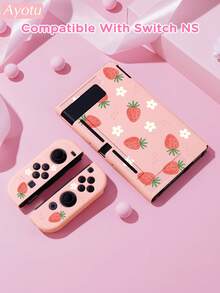 Ayotu 草莓花卉主题Switch保护壳，适用于新款Switch 2 (2025)/Switch NS/Switch OLED，无需取下即可在底座上使用，通用游戏手柄保护套，Switch游戏配件，防摔防刮，春日浪漫/返校礼物/情人节礼物 - 查看 9