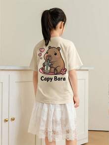 Tween Girls' Casual Pink Graphic Print Round Neck Short Sleeve T-Shirt, Summer Top - Apricot - View 2