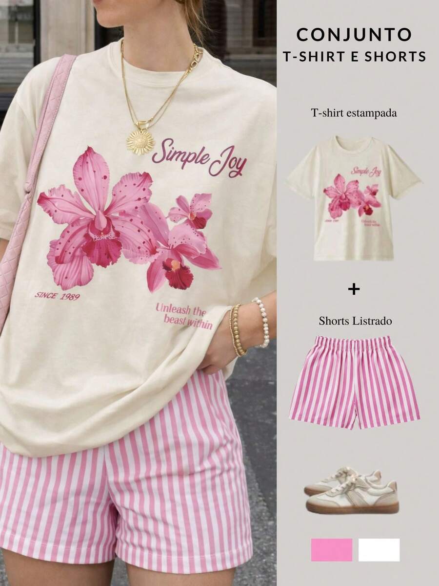 Women's Casual Comfy Set: Striped Shorts And Printed T-Shirt - Beach, Vacation, Home, Street, Airport Clothes - Spring/Summer - Tắt trắng - Xem 1