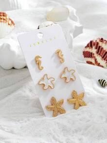 9对合金贝壳和海星耳环套装，沙滩风百搭日常佩戴及度假耳环，女士 - 彩色 - 查看 2