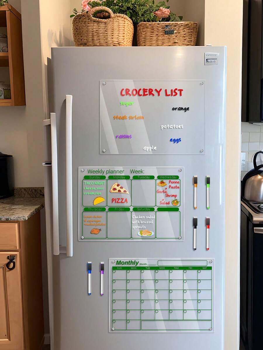 1pc Magnetic Acrylic Dry Erase Board (6 Whiteboard Markers Included), Magnetic Transparent Hanging Calendar Memo Board, Home Planning Display Board, Erasable Magnetic Glass Writing Board - I - View 1