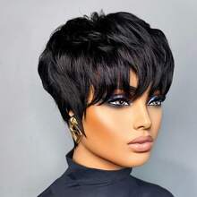 6-Inch 180% Density Layered Machine-Wefted Short Straight Pixie Wig With Bangs, Black Pixie Short Wig, 613 Red, #4 Color, Suitable For Daily Wear And Halloween Costume - Black - View 9