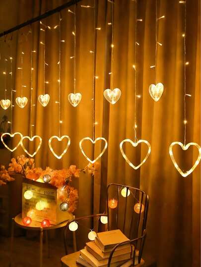 1pc LED Heart Shaped Curtain Light, Fairy Heart String Lights, Romantic Atmosphere Hanging Lamp, Suitable For Bedroom, Living Room, Holidays, Parties And Valentine's Day Decoration, Holiday Decor, Romantic Lighting, Dreamlike Lighting, Plastic Structure, Lightweight Design, Hanging Decor, Atmosphere Lighting, Romantic Gift, Party Decor