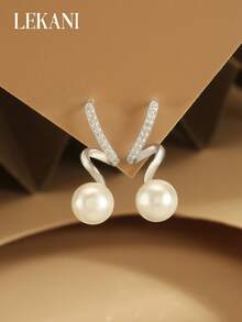 1 对 S925 纯银耳环，镶嵌珍珠和锆石，简约设计，优雅女士吊坠耳环，奢华珠宝礼物，适合送给母亲、女友、朋友、情侣、日常佩戴 - 銀色 - 查看 4