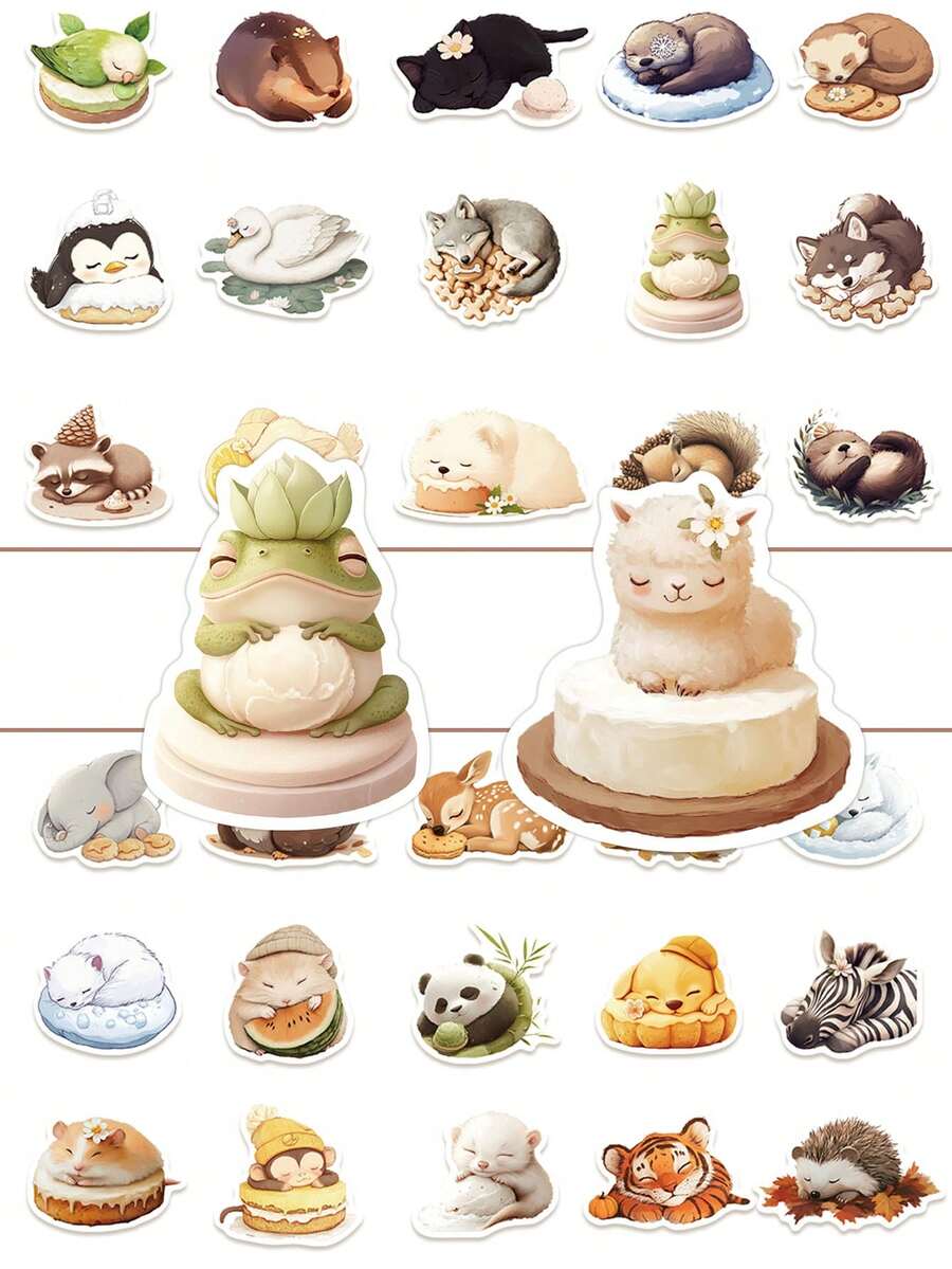 50pcs Sleeping Animals Stickers Chic Cozy Aesthetic For Journal, Phone Case, Tablet, Water Bottle, Desk, Luggage, Waterproof Decals - متعدد الألوان - مشاهدة 1