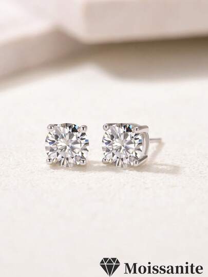 1 Pair S925 Sterling Silver 0.6CT Round Moissanite Classic Versatile Stud Earrings, Bridal, Daily Wear, Date, Valentine's Day Gift
