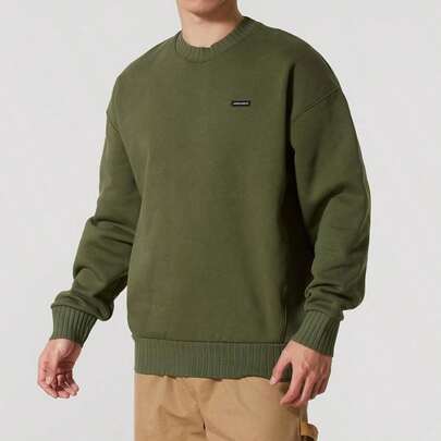 Under Armour 男士 UA Icon 重磅罗纹圆领绿色运动衫，户外休闲舒适运动卫衣