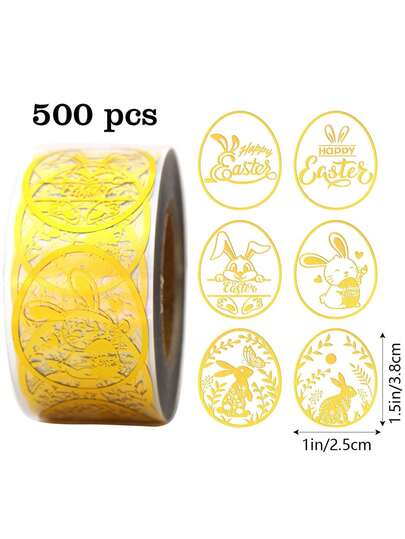 500pcs Gold Foil Easter Bunny Stickers, Cartoon Animal Easter Egg Stickers, Happy Easter Round Seal Stickers, Roll Stickers For Card Making, Bags, Envelopes, Indoor/Outdoor, Scrapbooking, Wall Decor