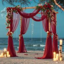 1件/2件 600厘米 酒红色雪纺花卉拱门帘布，婚礼仪式接待背景装饰 - 婚禮拱門垂飾布料 - 查看 5