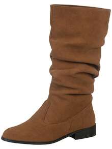 GiGiL Women's Mid-Calf Boot With Wrinkled, Gathered, Pleated Suede Detail, Low Heel, Round Toe - Camel - View 3