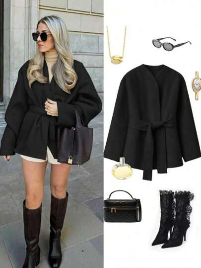 Autumn/Winter Women's Casual Wool-Like Kimono Style English Vintage V-Neck Belted Cardigan Jacket