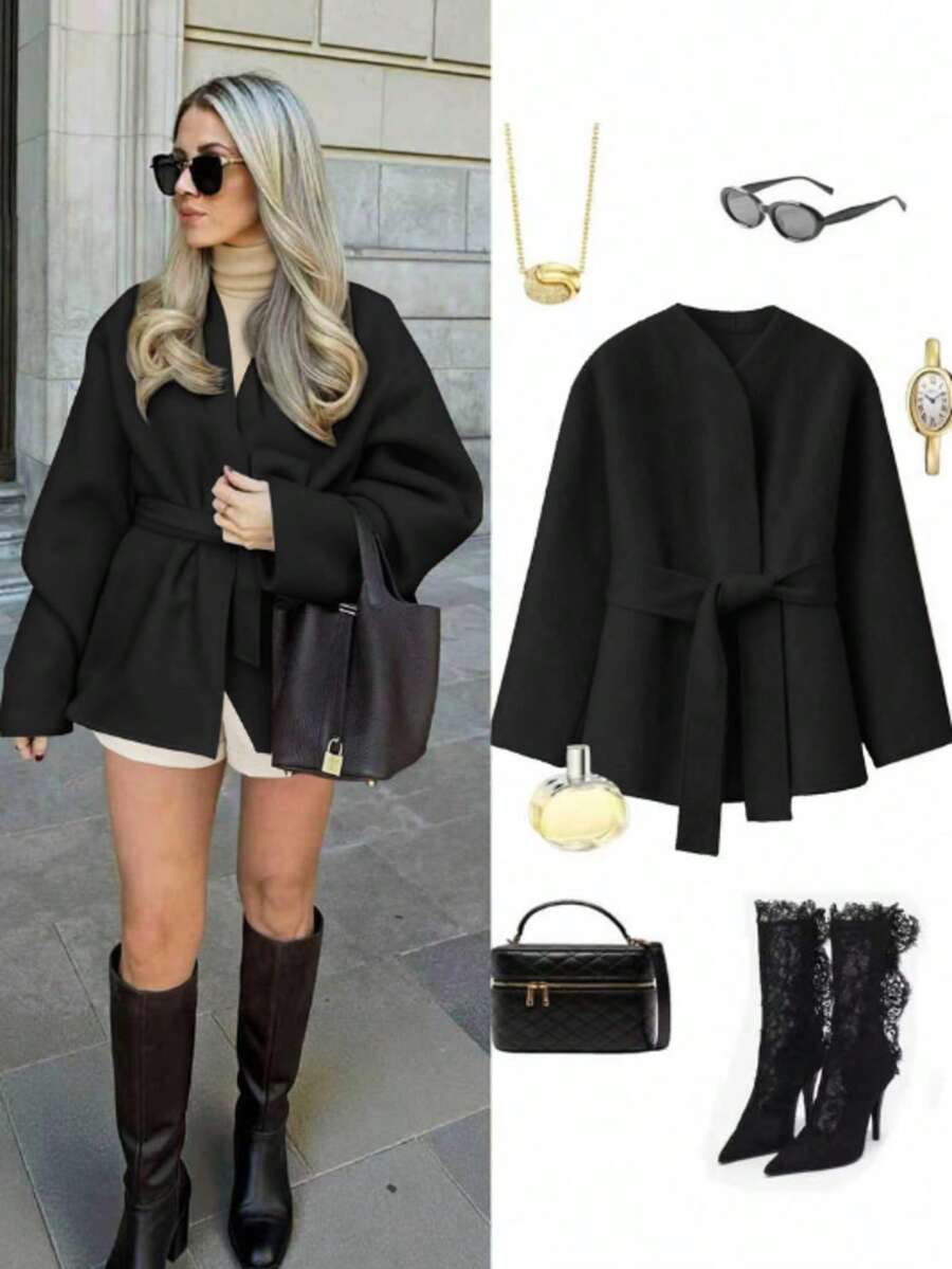 秋冬女士休闲羊毛和服式英伦复古V领系带开衫外套 黑色 - 黑色 - 查看 1