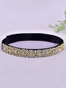 1pc Shiny Rhinestone Elastic Belt, Black Dress Waist Belt, Hidden Buckle Design, Casual Coat Sweater Waist Decoration - Black Ribbon - View 5