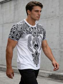 Men's Celtic Knot & Dragon Print T-Shirt - Black & White Contrast Graphic, Regular Fit Crew Neck Casual Top, Machine Washable, Comfortable Artistic Print Shirt With Exquisite Details - White - View 2