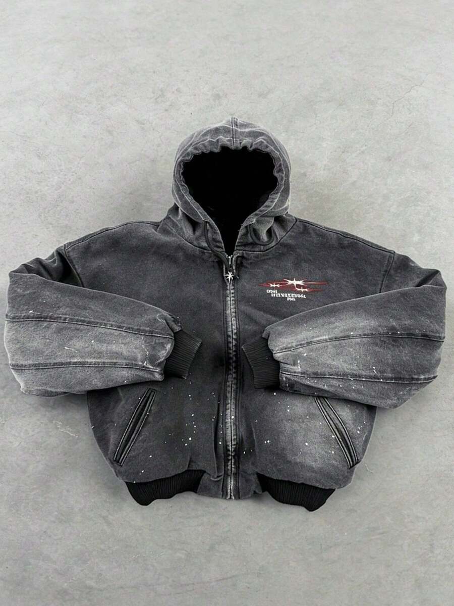 Mens Oversized Hoodies Streetwear Unisex Vintage Hoodies Zip Up Acid Wash Sweatshirt - màu đen - Xem 1