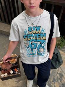 男童休闲印花圆领短袖T恤，夏季上衣 - 淺灰色 - 查看 7