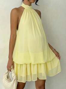 Maternity Sleeveless Ruffled Layered Mini Dress In Light Yellow, Lightweight And Flowing, Suitable For Summer Maternity Shower, Party, And Daily Wear - Yellow - View 1