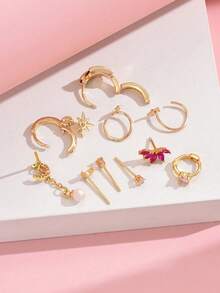 Conjunto De 10 Piezas De Pendientes Exquisitos Rosados Que Incluye Zarcillos, Puños Para La Oreja, En Forma De Estrellas Y Luna. Adecuado Para Citas, Fiestas Y Uso Diario De Mujeres - Amarillo Oro - Ver 4