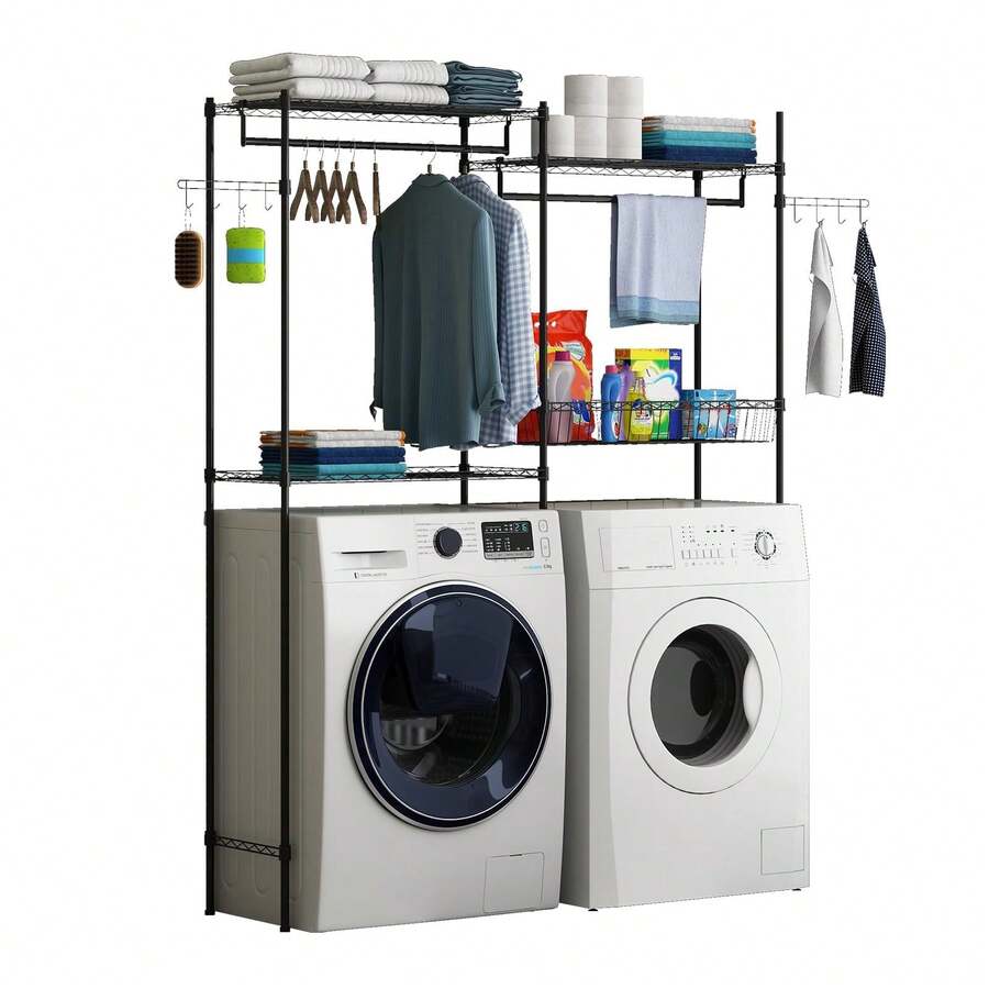 Estante de almacenamiento de 4 niveles para lavadora y secadora de 73 cm, organizador ajustable con ganchos para barra, estación plegable para lavadoras de carga superior, color negro - A - Ver 1