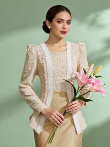 Kobayashi 女士 - 提花优雅提花蕾丝拼接长袖衬衫 - 白色 - 查看 5