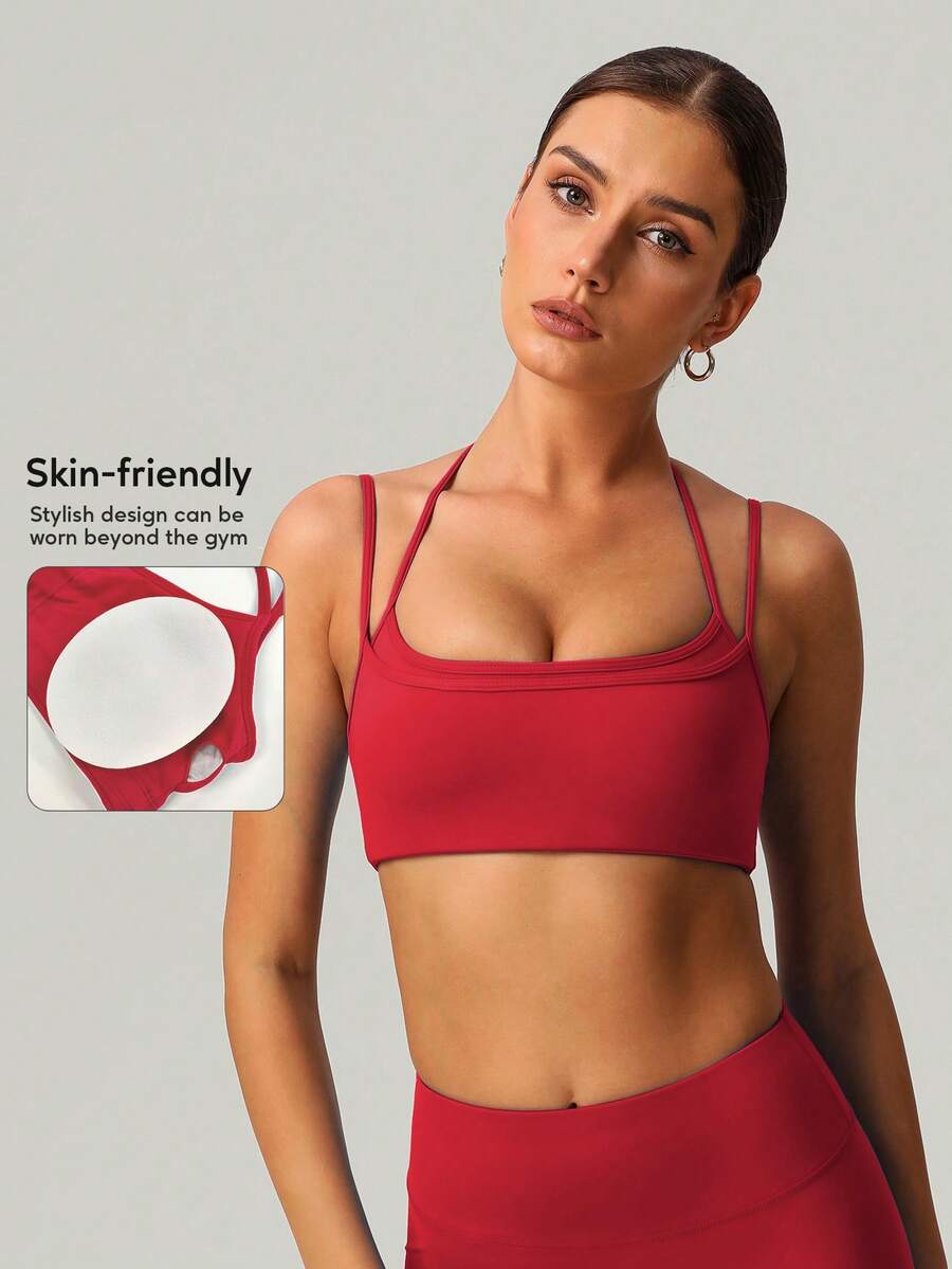 Sujetador deportivo para mujer con cuello de halter, tirantes ajustables de múltiples hombros, doble capa y espalda con diseño estético para yoga, fitness y actividades deportivas - Rojo - Ver 1