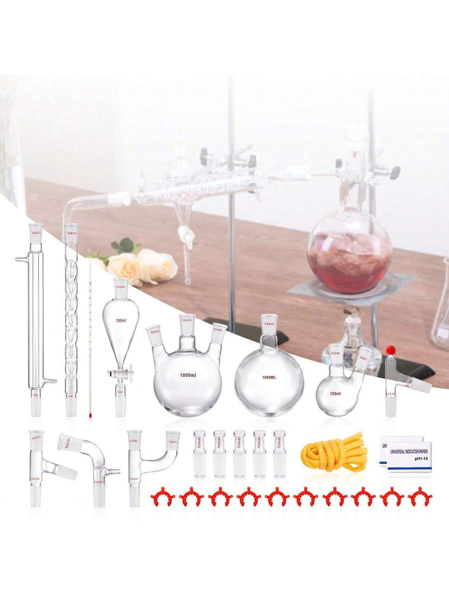 Lab Distillation Kit 3.3 Boro Lab Glassware Distillation Kit With 24 40 Joint 1000ml Essential Oil Distillation Apparatus Kit 29 Pcs Set Of Glassware Equipment - White - View 1