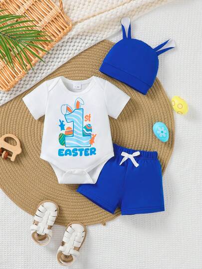 3pcs Easter Short Sleeve Shorts Set, Cute Minimalist "My First Easter" Slogan Romper And Solid Color Shorts With 3D Ear Hat, Baby Boy Outfit For Holiday Celebration, Party And Casual Wear