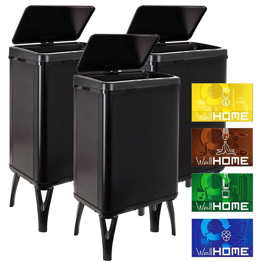 Interior 3 Smart Trash Cans, 40L Each, Height: 71.5 (X35.5x26), White With Magnetic Labels - Black3 - View 1