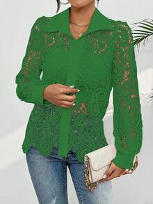 Summer Blouse With Floral Guipure Lace, Long Sleeves, And A High Neck. - 綠色 - 查看 3