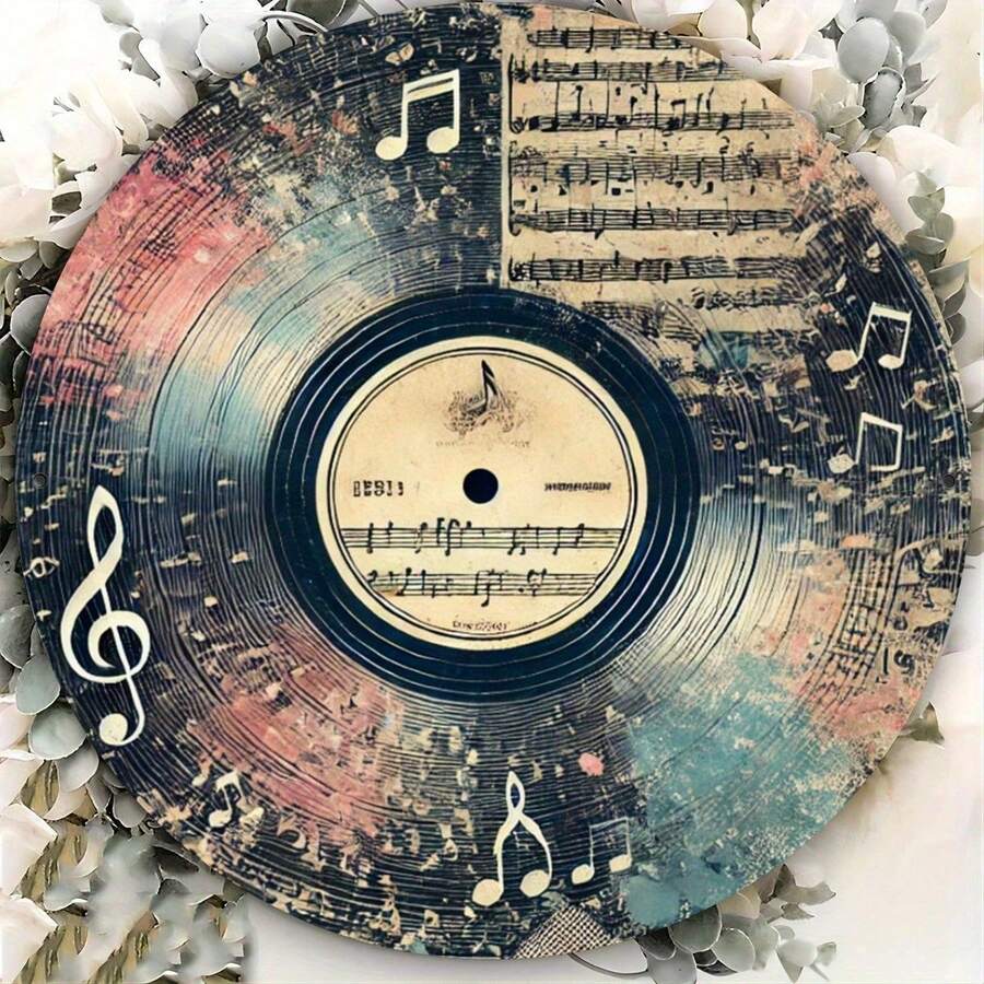 1pc 2D Record Shaped Wall Art, 7.87x7.87 Inches (20x20 Cm), Music Notes & Stave Pattern, Waterproof & Dustproof, Interesting Home/Room/Bedroom Decor, Perfect Gift For Holidays, Durable Metal Material With Random Hanging Hole Design - Metal Wall Art, Tin Signs, Vintage Metal Signs, Retro Wall Decor, Rustic Metal Art, Cool Metal Signs, Man Cave Decor, Garage Signs, Classic Metal Art, Unique Wall Art - Nhiều màu - Xem 1