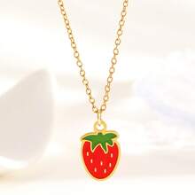 1pc Stainless Steel Necklace, Casual Elegant Luxury Strawberry & Cherry Fruit Design, Suitable For Women's Daily, Party, And Gift Giving - Multicolor - View 12