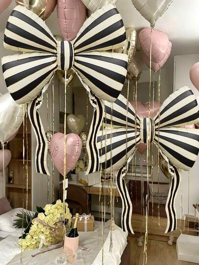 1pc Large Striped Bow Foil Balloon, Suitable For Birthday Party, Anniversary, Bridal Shower, Wedding Engagement Decoration