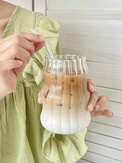 1pc Coffee Glass Cup, Vertical Striped Glass Cup, Retro Beverage Cup, Wavy Cocktail Cup, Iced Coffee Cup, Cold Drink Cup, Juice Cup, Beverage Cup, Milk Cup, Fresh Style Single Layer Cup, Large Capacity For Home Use, Vertical Stripes Glass, Party & Study Supplies