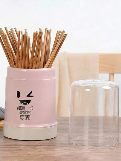 1 Set Soporte multifuncional para palillos y espátula con drenaje, caja de almacenamiento de cubiertos con tapa, color y patrón aleatorios; organizador versátil de utensilios de cocina, caja de almacenamiento de palillos y cubiertos con drenaje, hecho de material PP duradero, perfecto para uso doméstico y de restaurante