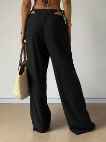 女士高腰抽绳阔腿裤，轻盈透气宽松版型，适合度假、海滩、日常休闲穿着 - 黑色 - 查看 5