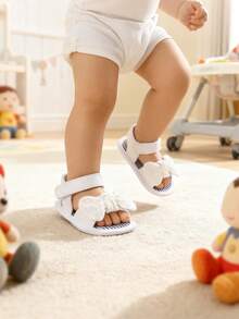 Newborn Infant Girls Summer Sandals With Flower Bow Soft Bottom Wedding Dress Flat Shoes, Toddler Crib Shoes - White - View 2