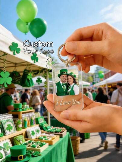 1Pc Personalized St. Patrick's Day Acrylic Keychain – Custom Photo & Text Printed Key Ring, Cute Festive Design, Lightweight Daily Accessory, St. Patrick's Day & Valentine's Day Gift, Commemorative Keepsake For Friends, Family & Couples