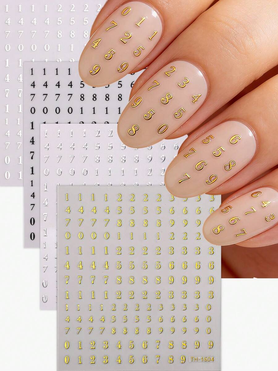 4张金色银色箔纸美甲贴纸，0-9数字图案，简约风格美甲，非常适合女性在家DIY美甲。