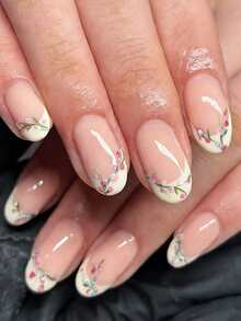 Bộ 24 móng tay giả ngắn hình oval, họa tiết hoa mùa xuân, kiểu Pháp, màu nude, bóng mượt, dễ đeo hàng ngày, thích hợp cho phụ nữ và bé gái. - Nhiều màu - Xem 1