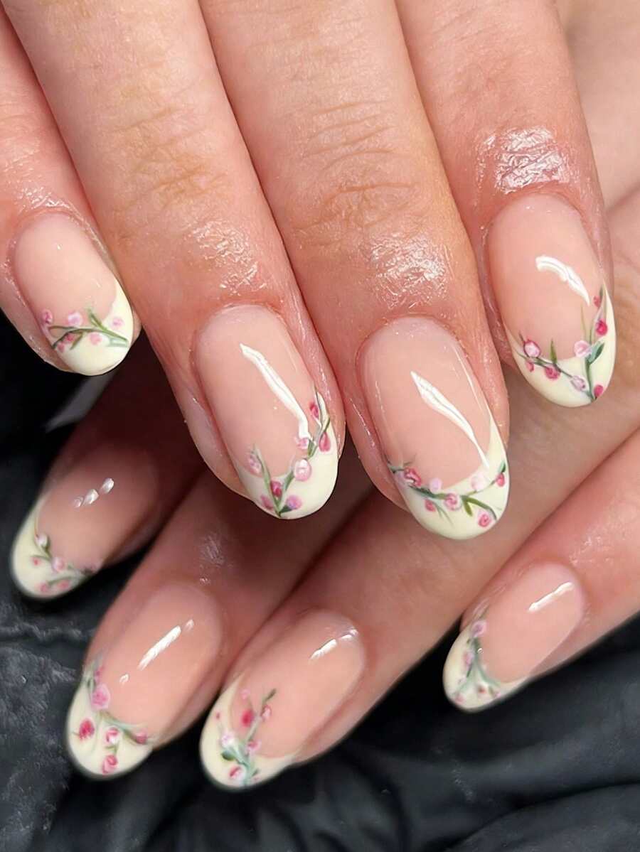 Bộ 24 móng tay giả ngắn hình oval, họa tiết hoa mùa xuân, kiểu Pháp, màu nude, bóng mượt, dễ đeo hàng ngày, thích hợp cho phụ nữ và bé gái. - Nhiều màu - Xem 1