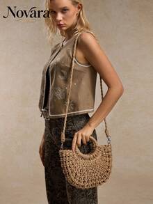 1pc Half-Moon Hollow Out Handbag, Fashionable Beach Vacation Straw Woven Bag,Vacation Bag For Summer, Perfect For Beach Vacation, Travel, Shopping, And Vacation Essentials, Eye-Catching Beach Bag Summer, Summer Straw Beach Bag For Women, Hottest Beach Bags For Women, Fashion Summer Vacation Bag, Beach Essentials Women Bags For Vacation & Holiday, Newest Holiday Bag ,Vacation Essentials , Beach Bag - Khaki - View 8