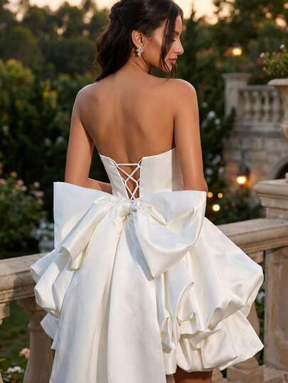 White Woven Fabric Strapless Multi-Layer Maxi Dress, Zipper Closure, Bridal Gift, Party Style