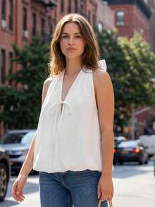 Womens Summer Halter Tops Fashionable Solid Color V Neck Backless Bubble Hem Vest - White - View 4